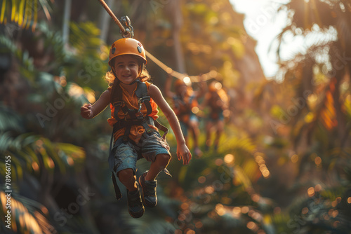 A family embarking on an exciting zip-lining adventure through a lush forest canopy, soaring above the treetops with exhilaration. Concept of adrenaline-pumping family thrills. Generative Ai. photo