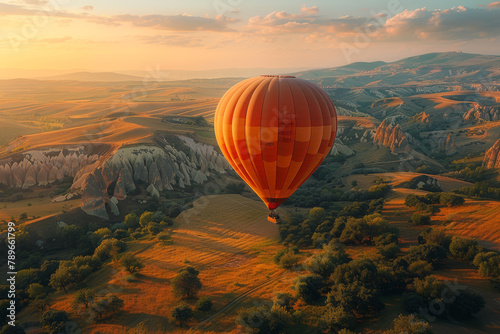 A family enjoying a scenic hot air balloon ride together, drifting gracefully over rolling hills and picturesque landscapes. Concept of breathtaking aerial views and family adventure. Generative Ai.