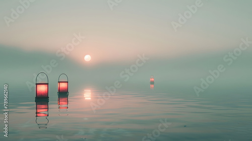 A serene lake at dawn with lanterns floating on the surface. minimalistic © Oleksandr