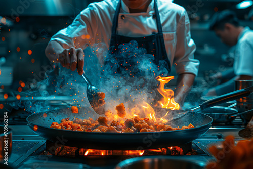 A person attending a cooking class, learning new culinary skills and techniques from a professional chef. Concept of gastronomic education and culinary exploration. Generative Ai. photo