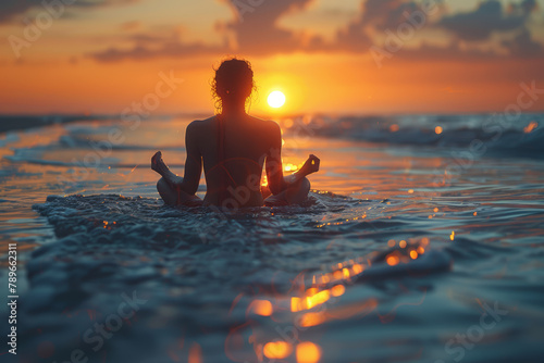 A person practicing meditation and mindfulness on a serene beach, listening to the soothing sound of waves crashing. Concept of beachside relaxation and inner peace. Generative Ai. photo