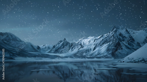 A snowy mountain range under a starry night sky. minimalistic