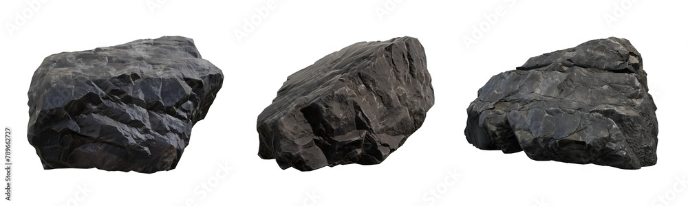 Collection of black stone rock boulders, Assorted coal ore mining rocks isolated on transparent background