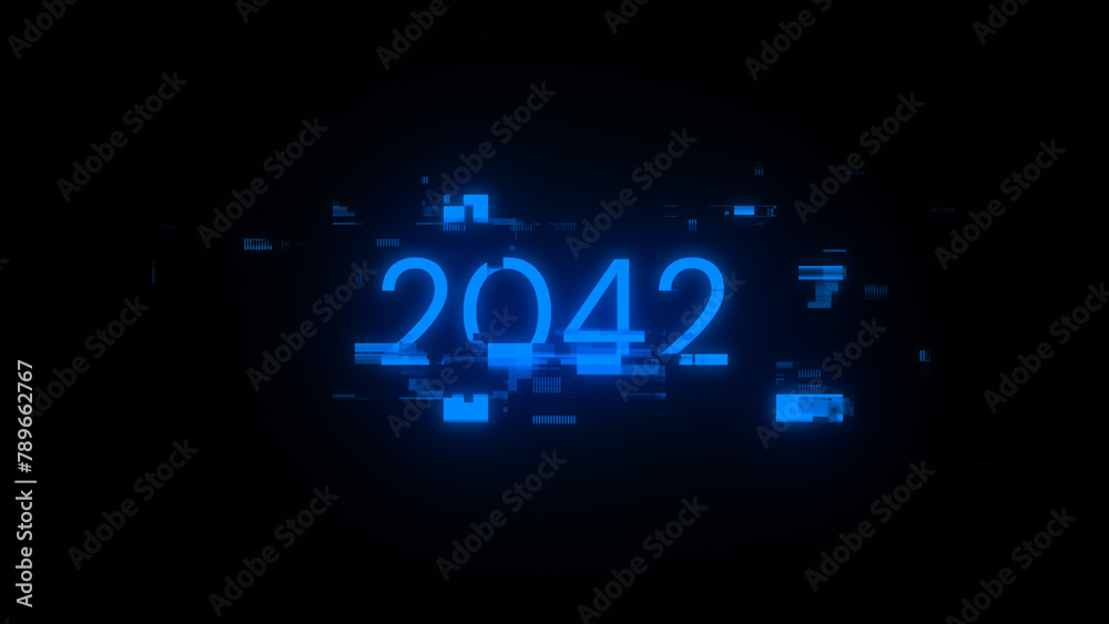 3D rendering 2042 text with screen effects of technological glitches