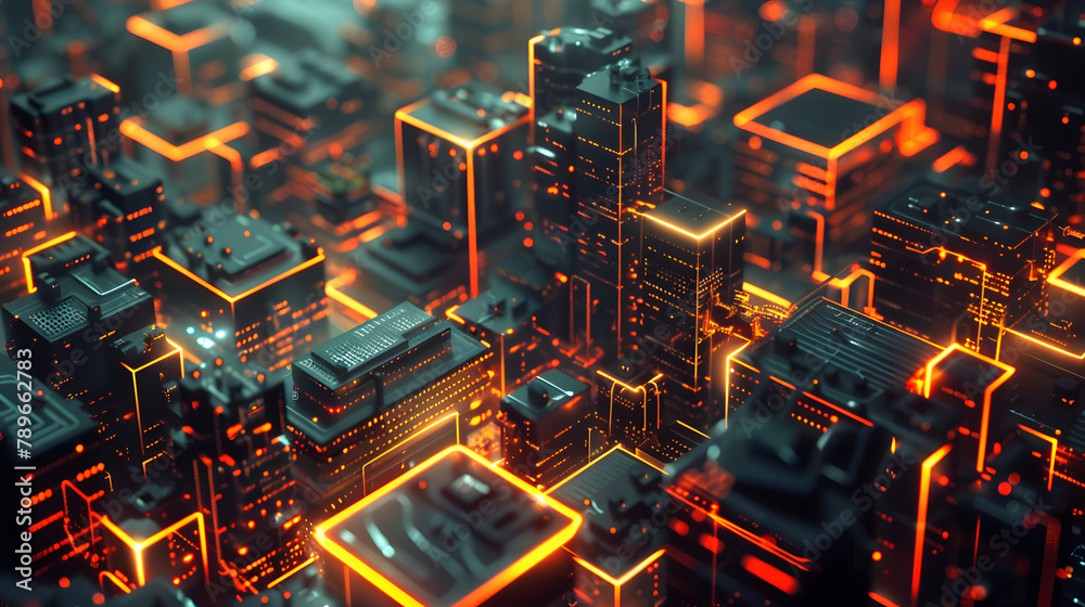 A speculative digital portrayal of a high-rise building assembled from linked. glowing data circuits and plans