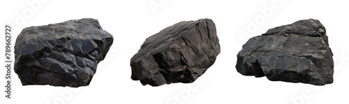 Collection of black stone rock boulders, Assorted coal ore mining rocks isolated on transparent background
