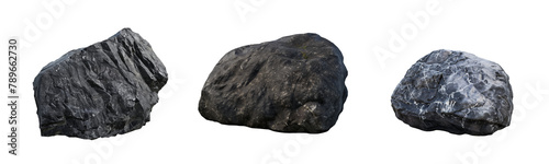 Set of rough black stone boulders, Collection of coal rocks boulder rock isolated on transparent background photo
