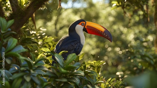 A striking toucan perched amidst lush foliage, its vividly colored bill contrasting dramatically with the deep greens of the tropical jungle. © Huzaifa