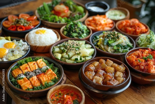 Korean foods served on a dining table. Perfect for photo illustration, article, or any cooking contents.