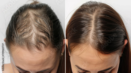 Hair, loss and growth for woman, comparison and treatment for haircare, texture and care in salon. Collage, before and after of head, damage and receding hairline versus healthy scalp and results photo