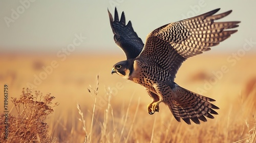 A striking image of a peregrine falcon mid-flight, its keen eyes focused and wings sharply positioned as it soars through the sky.
