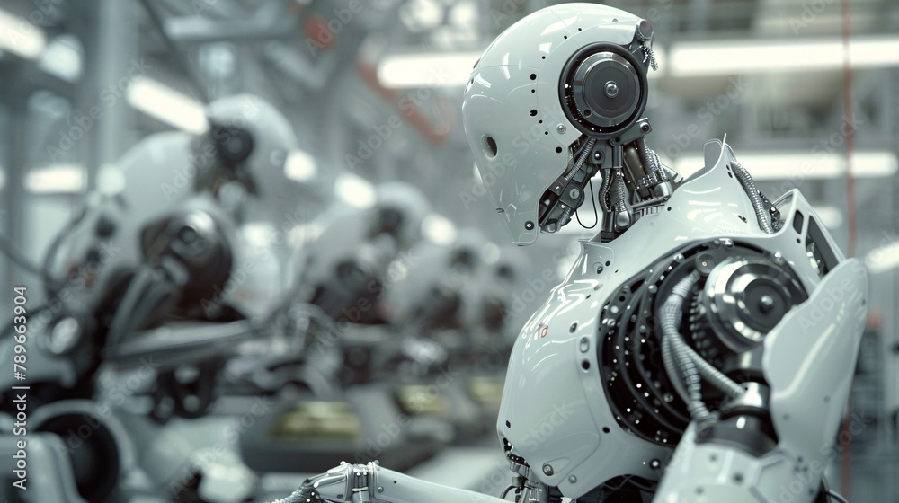 Fototapeta premium Industrial robots working on an assembly line in a factory