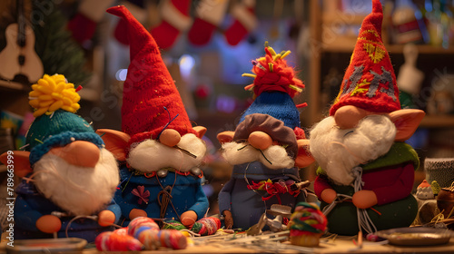 A team of gnomes huddled around their crafting table in the gnome workshop. each assembling unique toys for the holiday season. They have red conical caps atop their heads