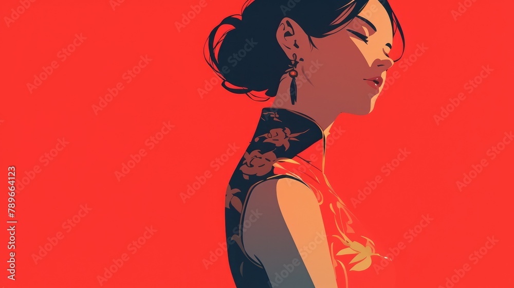 2d image of a Chinese woman gracefully adorned in a Traditional Chinese Cheongsam