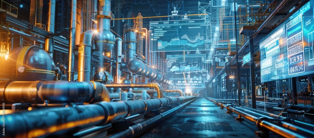factory oil refinery with futuristic screen display