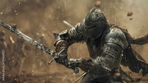 A theatrical image of a knight charging with a sword in his hands. he is carrying many weapons on the battlefield. He has a helmet and wears a silver armor