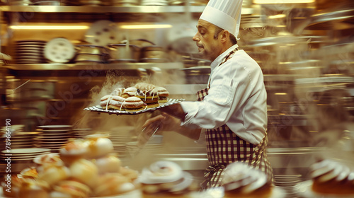 A theatrical photo of a chef rushing with a tray of pastries in his hands. he is carrying many dessert items through the kitchen. He has a white hat and wears a checkered apron