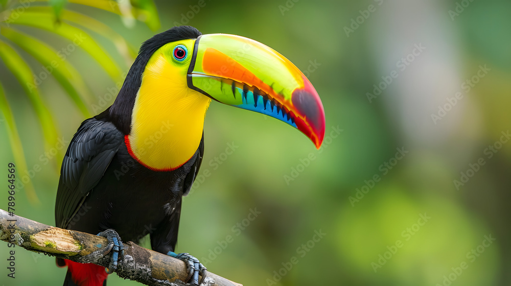 Obraz premium A toucan with vivid. multicolored patterns on its beak is displayed against a jungle green background. The colors include bright yellow and red stripes along the beaks contour