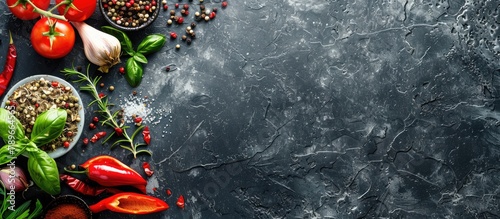 Cooking background with a black stone surface, along with a variety of spices and vegetables. View from above with available space for text.