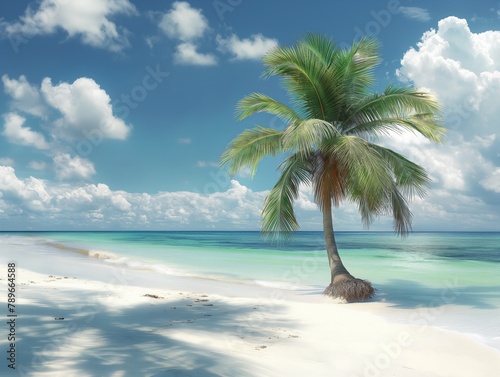 A palm tree is standing on a beach with the ocean in the background. The sky is blue and there are clouds in the background