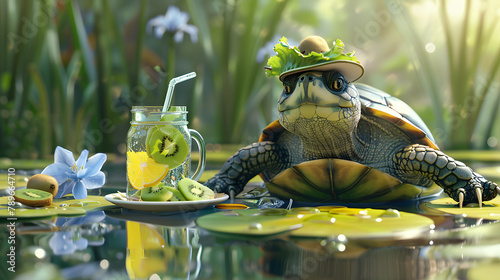A turtle with a cap is floating in a pond lily pad. wearing a rash guard and drinking lemonade from a mason jar on the side of it. The turtle has a shell that is round