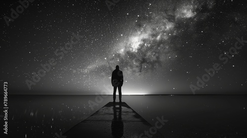 A man standing under the starry sky in a blackandwhite atmospheric atmosphere photo
