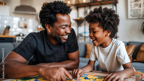 Father and Son Bonding Over Board Game, Shared Laughter in a Cozy Home Setting