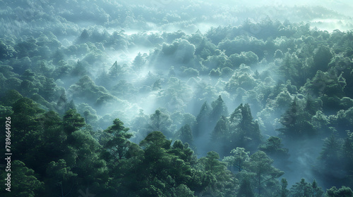 A vast forest stretching across the land. with most of its depth shrouded in mist and only the outer trees visible. The hidden part is depicted as dense foliage