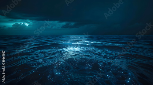 A vast ocean at twilight with bioluminescent creatures beneath the surface. minimalistic