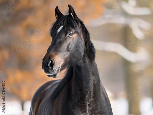 A black horse with a brown nose and brown eyes stands in a snowy field. The horse's head is turned to the side, and it is looking at the camera. The scene has a peaceful and serene mood © MaxK