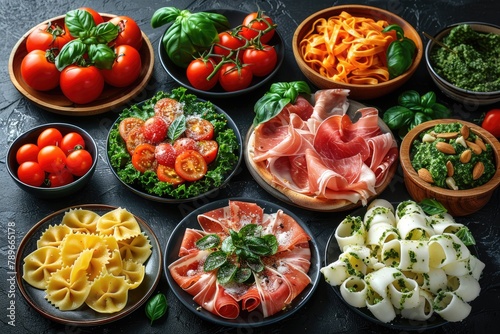 Full table of italian meals on plates Pizza  pasta  ravioli  carpaccio. caprese salad and tomato bruschetta on black background. Top view