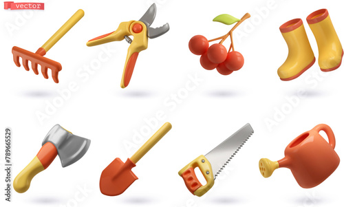 Gardening Tools. Rake, hand pruners, berries, rubber boots, axe, shovel, saw, watering can. 3d vector icon set © Natis
