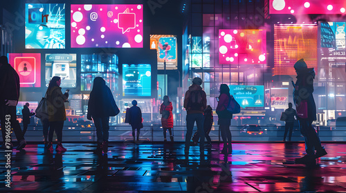 Wallpaper Mural A vivid digital signboard showcasing the impact of social media on consumer behavior. with bystanders participating in the community through their smartphones Torontodigital.ca