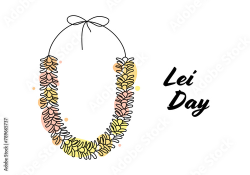 Lei Day. Necklace and artificial flowers. Flower lei garland background for Hawaii Lei day concept