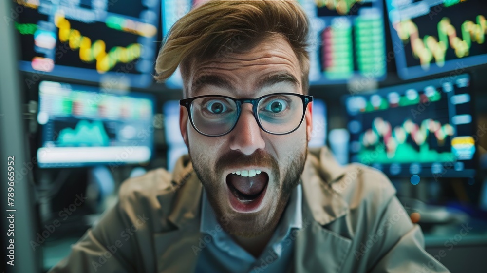 Excited Young Male Stock Market Broker Looking At Graph On Computer At Workplace Excited Young Male Stock Market Broker Looking At Graph On Computer At Workplace