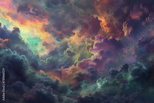 : A cascade of iridescent clouds drifting lazily in a deep twilight sky.