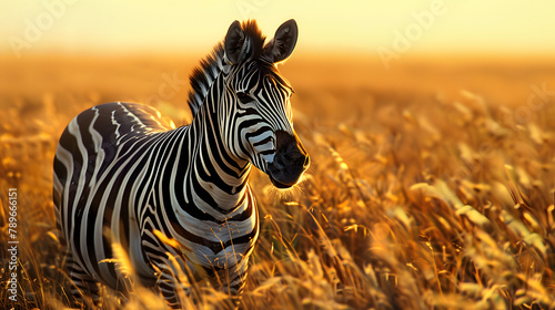 A zebra with distinct. black and white stripes on its body is portrayed against a savannah background 