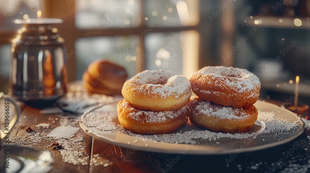 Close-up of three donuts sprinkled with powdered sugar on a plate