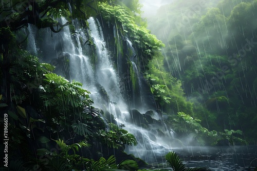   A cascading waterfall swollen with rainwater  surrounded by lush greenery