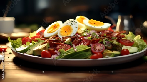 Fresh salad with tomatoes, cucumbers, avocado, chicken breast, quail eggs, and mayonnaise