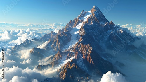 A solitary mountain peak rising from a sea of clouds, standing majestically against a clear blue sky as if touching the heavens.