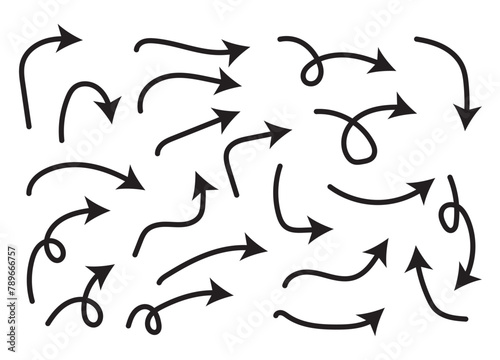 Arrows set, hand drawn doodle direction twist indicators, pointers and scroll elements. Collection of swirly various dynamics shapes. Isolated on white background. Vector illustration eps 10.