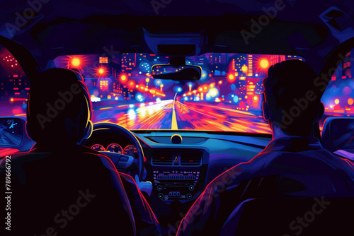 Man driving a car rear view. Trip late at night. Vector illustration 3D avatars set vector icon, white background, black colour icon