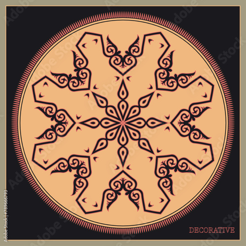 Round Pattern, workpiece for your design. Ornamental elements and motifs of Kazakh, Kyrgyz, Uzbek, national Asian decor for plate, textile and print design. Circle frame. Vector.