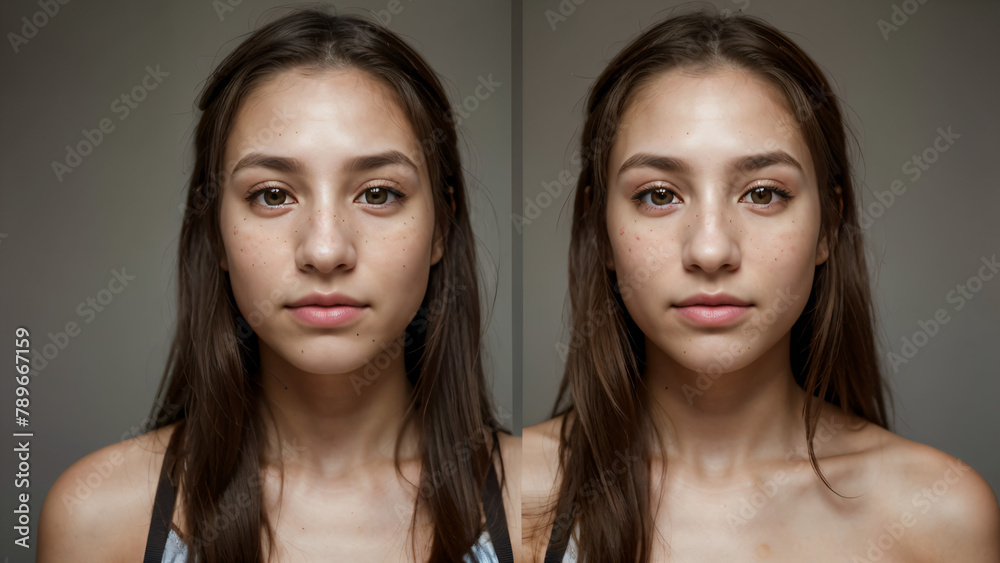 Double portrait of teenager in the mirror. Before and after skin cream treatment. Facial defects, pimples, moles, angiomas. Double portrait of teenager in the mirror. Before and after skin cream treatment. Facial defects, pimples, moles, angiomas.