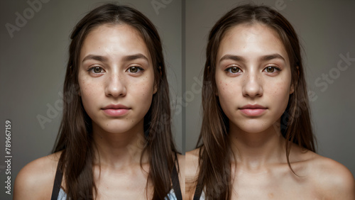 Double portrait of teenager in the mirror. Before and after skin cream treatment. Facial defects, pimples, moles, angiomas.