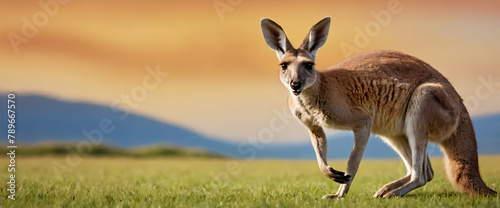 Big kangaroo. Banner size, figure on one side, furry animal, australia, advertising, nature, adventures, travel, safari. Copy space, colorful background. Hyperrealistic illustration. photo