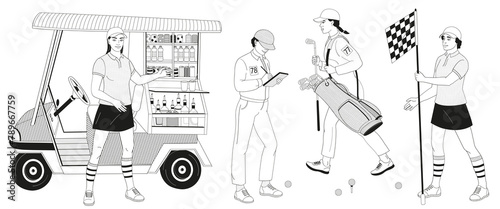 golf club staff part 2 female African American caddie, beverage cart, caddy girls with flag, golf bag, clubs, golf clash notebook