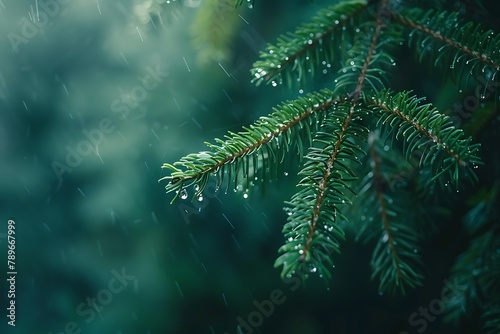 : A close-up of a raindrop about to fall from the needle of an evergreen tree in a silent forest