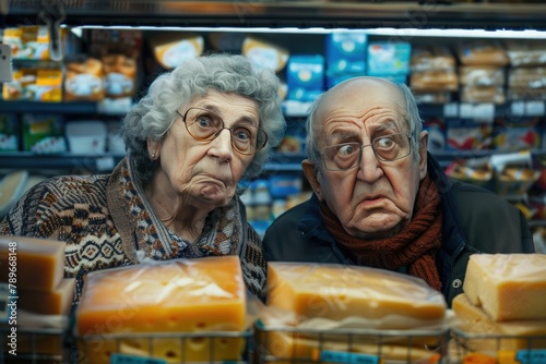an old woman is surprised by the high prices in the store. old age. pension. spend money.